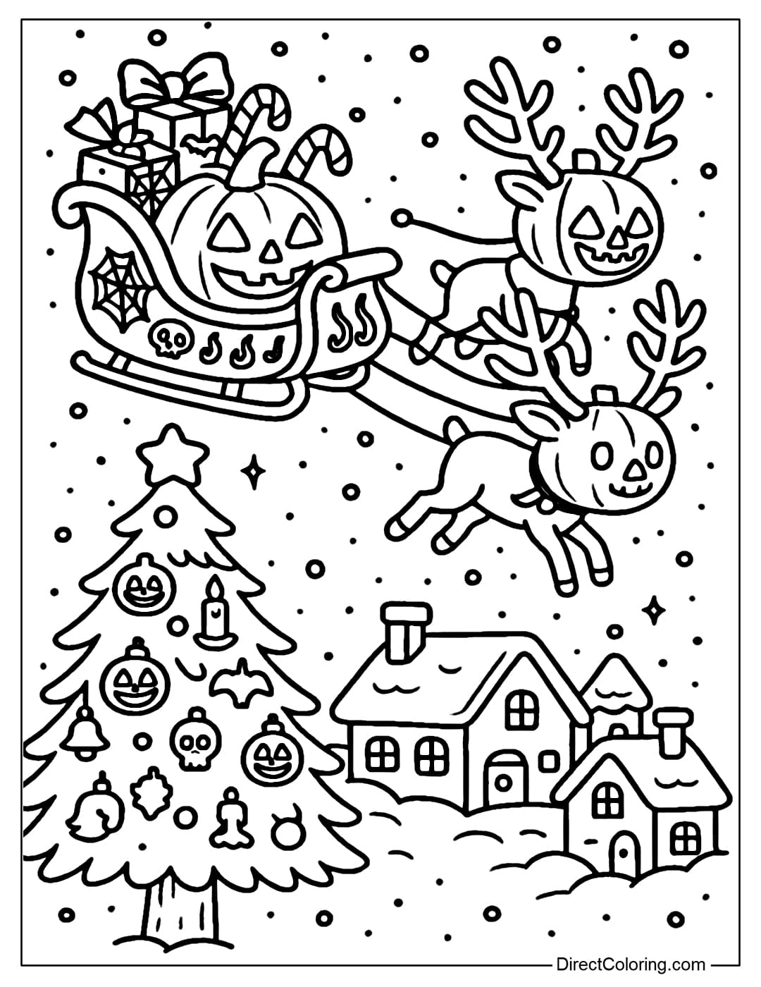 Coloring page of a sleigh pulled by glowing pumpkins, filled with gifts and little skulls, gliding through the snowy sky.