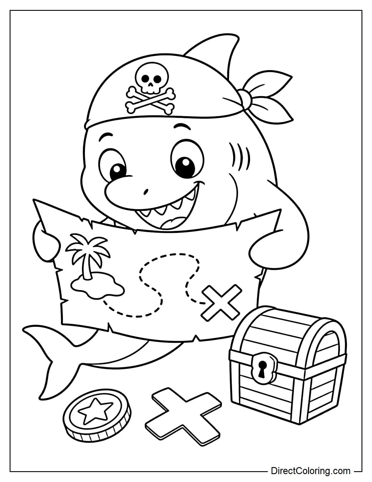 A shark wearing a pirate bandana is holding a treasure map, looking down at the map spread out between its fins. Beside it is a small chest, a large coin, and a clear X.