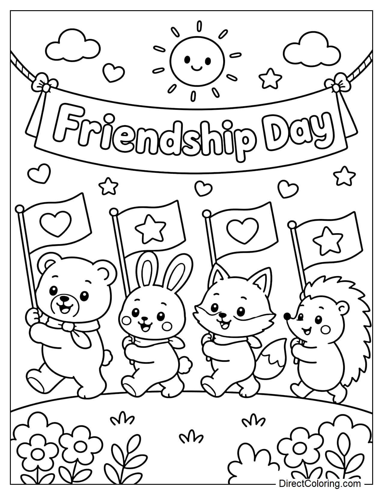 Cute bears, rabbits, foxes, and hedgehogs are walking in a line in the Friendship Day parade, each holding a small flag with a heart or star, and a banner above that reads 