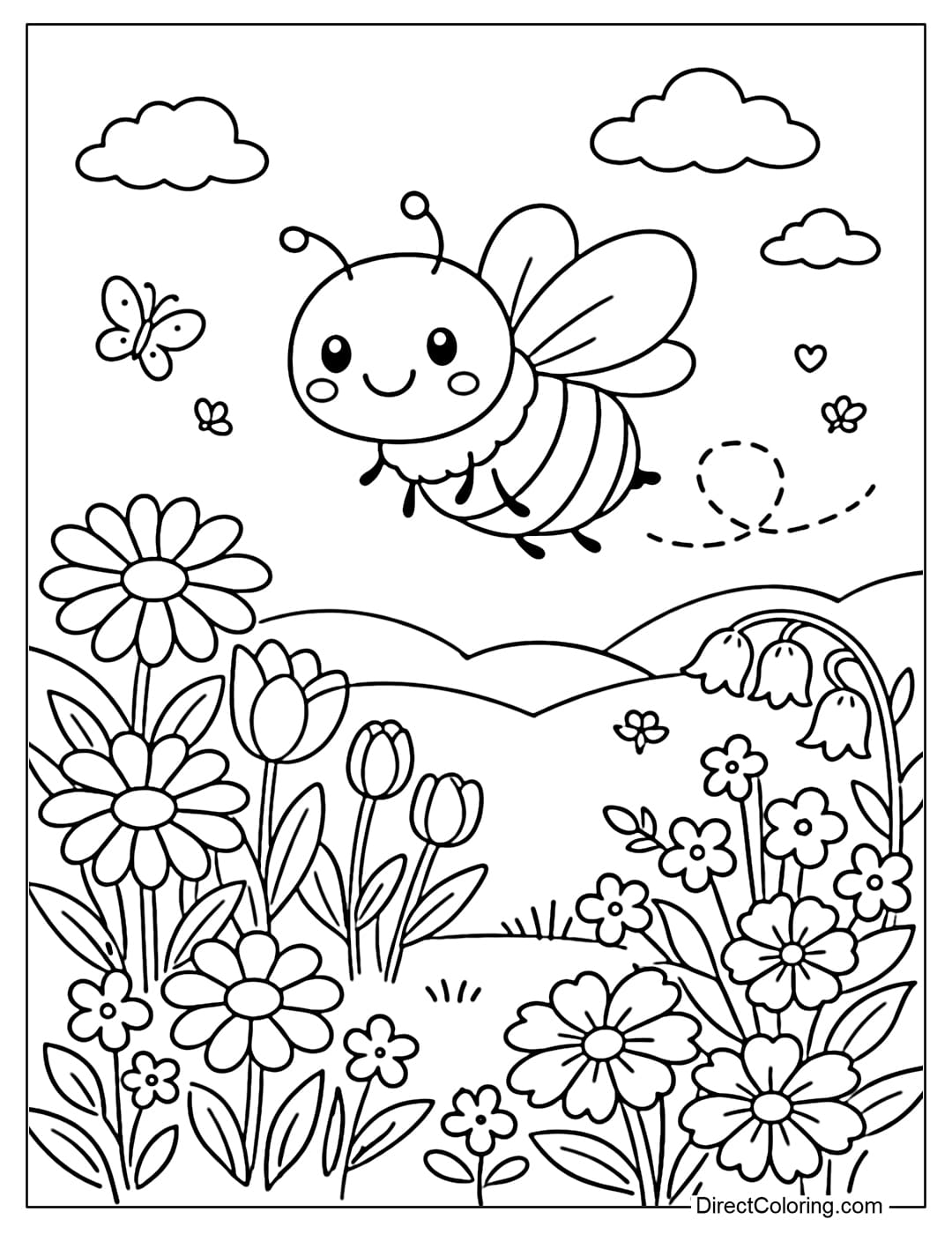 A coloring page of a bee fluttering in a simple flower garden.