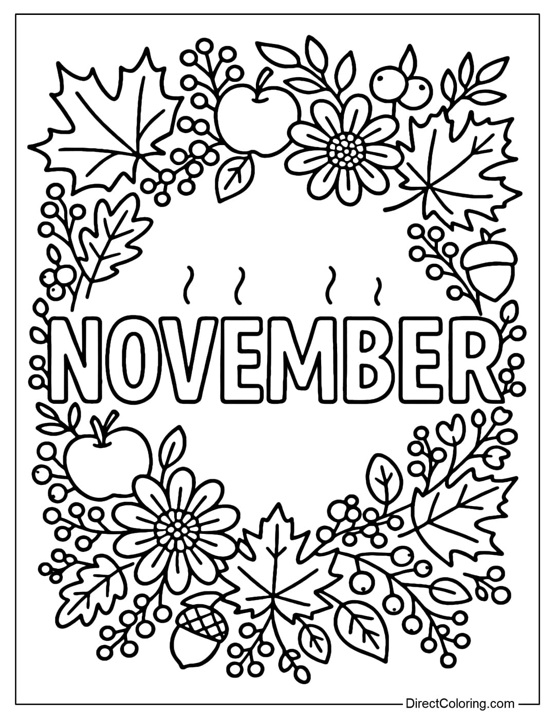The word NOVEMBER coloring page is surrounded by an autumn wreath made of maple leaves, apples, berries and chestnuts.