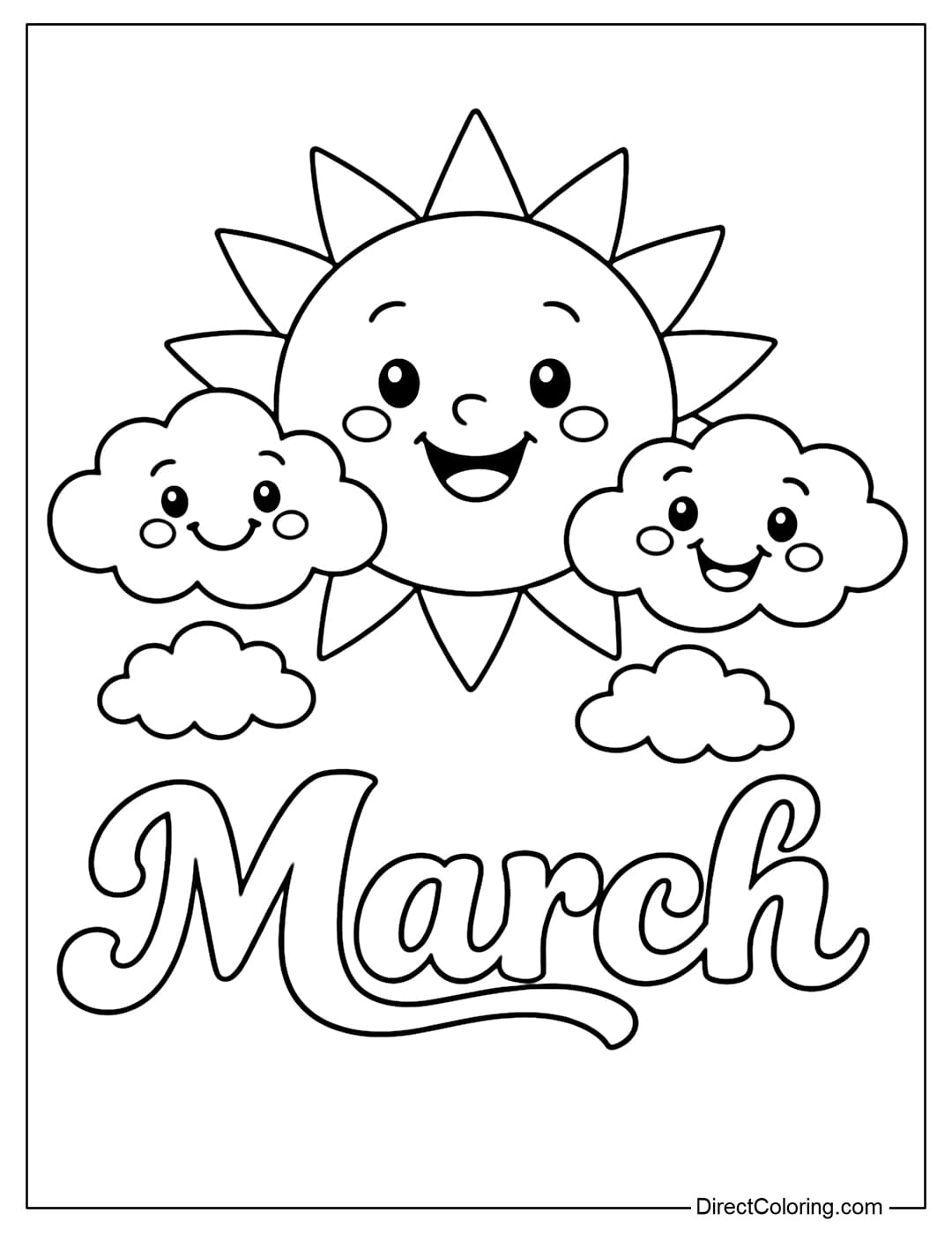 A fun coloring page featuring a smiling sun and clouds, with large shapes, suitable for preschool children.