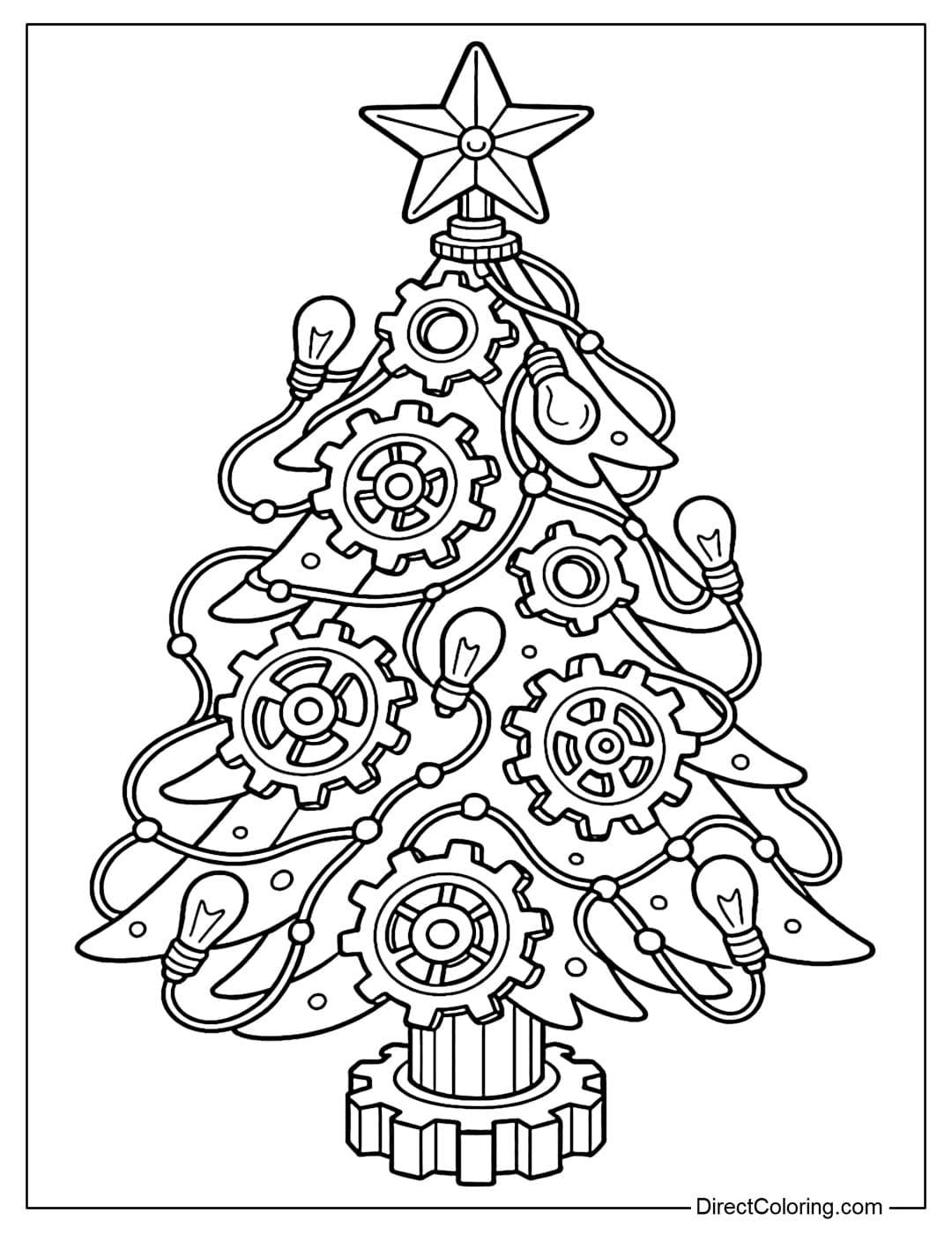 A metal Christmas tree coloring page, made from gears, light bulbs, and wires.