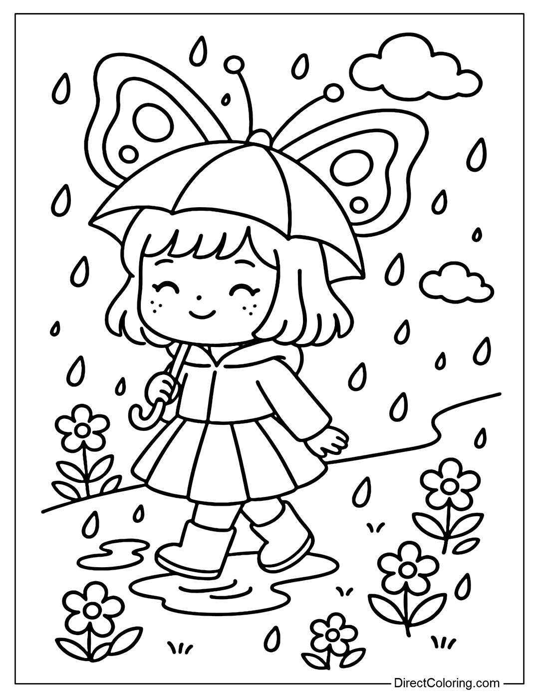 Little girl with butterfly umbrella, walking on a path with puddles and flowers coloring page.