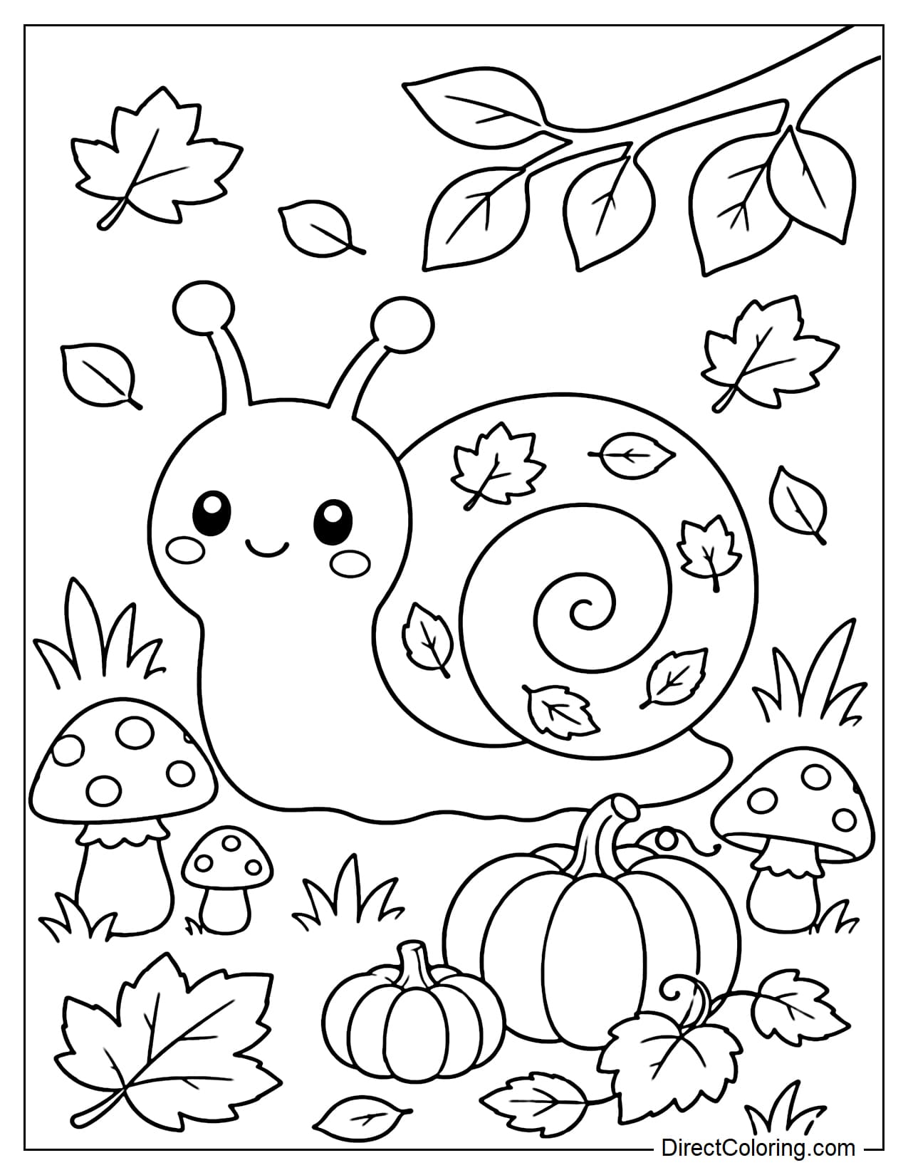 A adorable little snail in an October garden; its shell is decorated with small autumn leaves, and it is surrounded by mushrooms, mini pumpkins, grass, and fallen golden leaves.