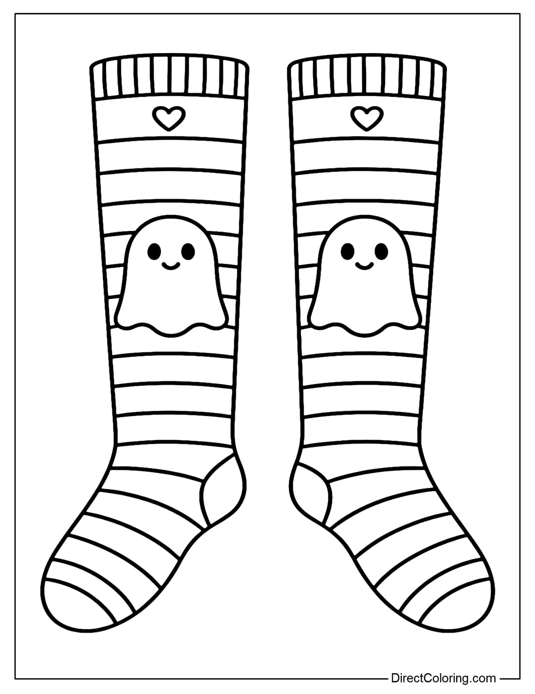 A pair of high socks coloring page with a cute ghost, horizontal stripes, and mini hearts on the socks.