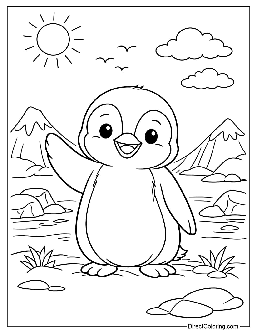 A coloring page of a cheerful penguin waving one wing