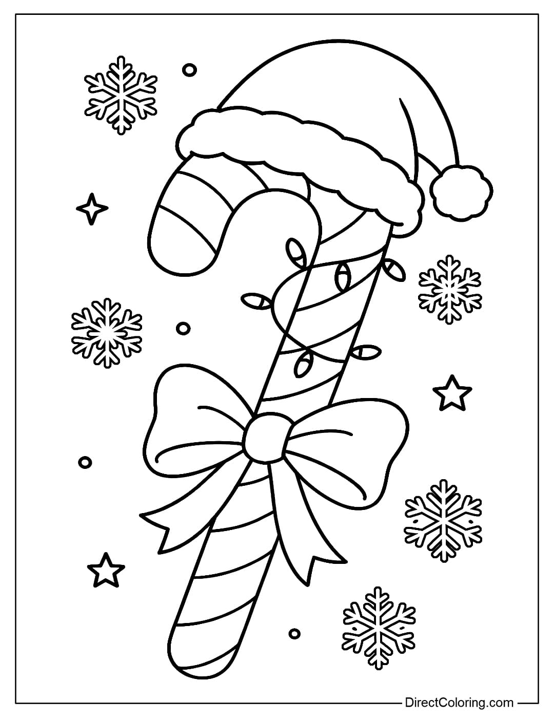 Coloring page of a candy cane wearing a soft Santa hat, wrapped around by a string of small lights.