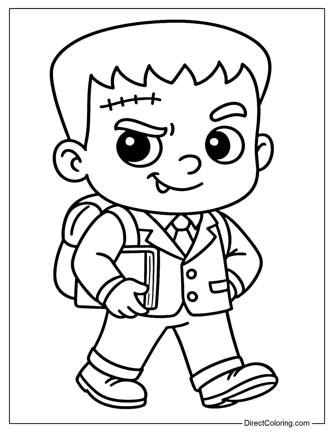 A Frankenstein coloring page wearing a school uniform, wearing a backpack, holding books, and a mischievous face.