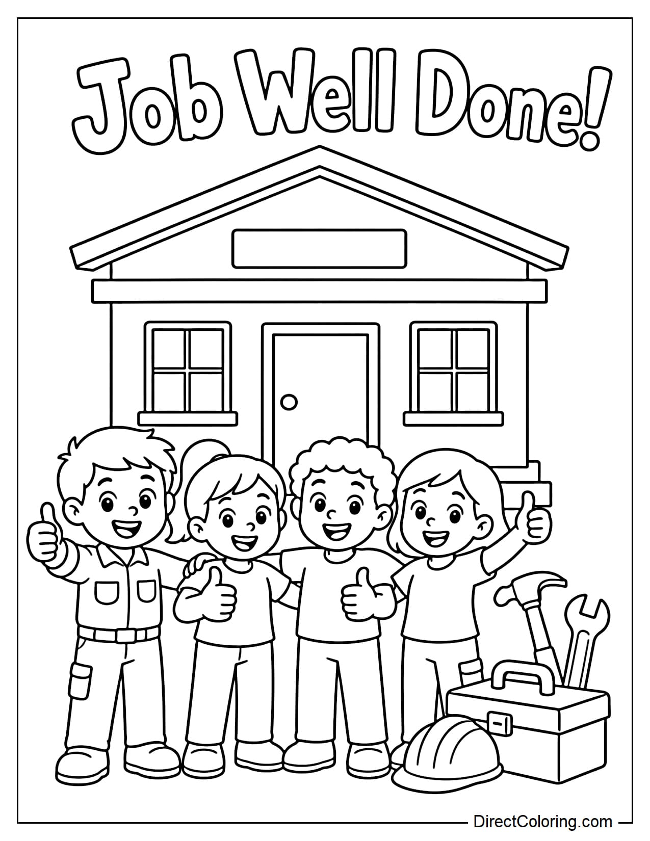 A group of workers stand in front of a small, recently completed project, giving a thumbs-up and smiling happily, with the words 