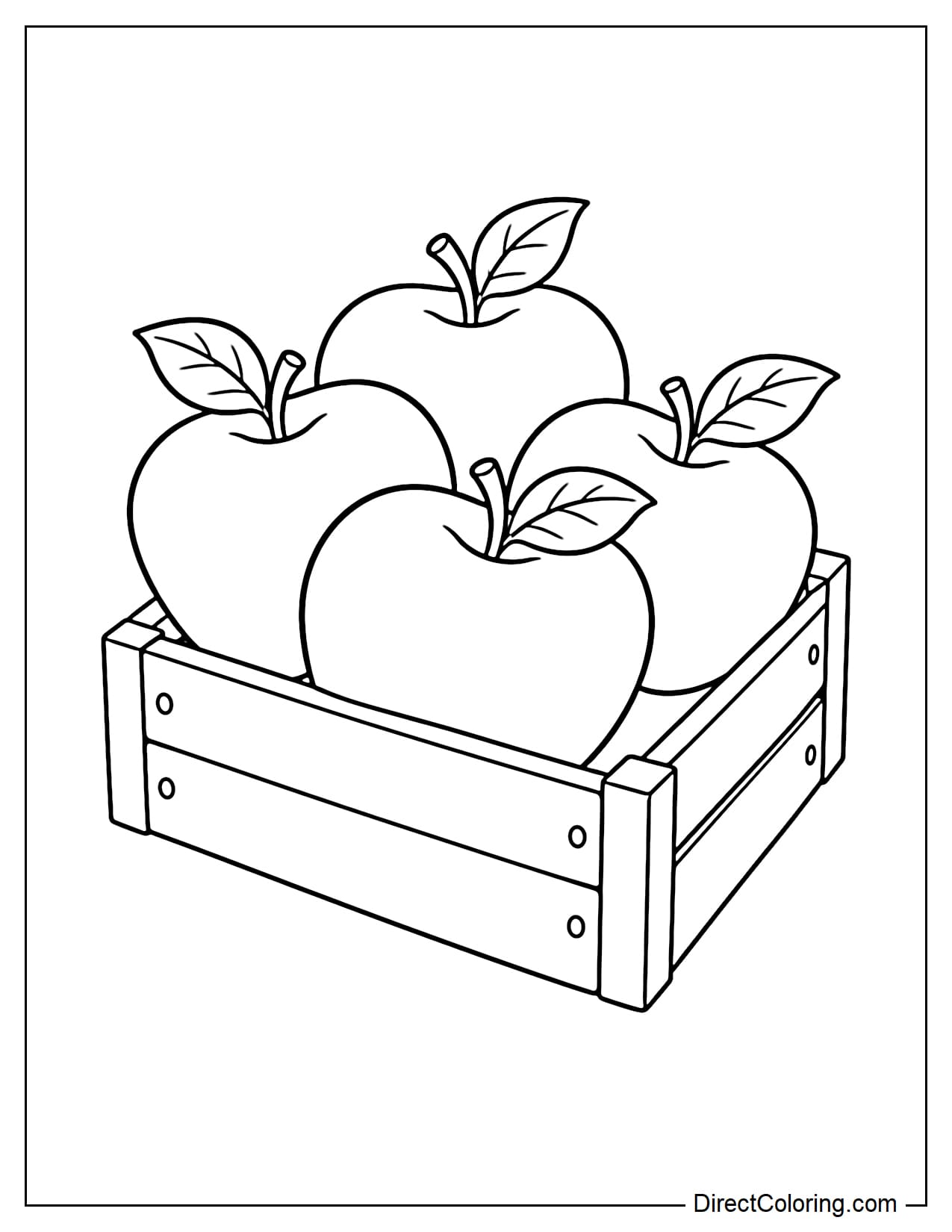 Four large apples resting inside a simple low wooden crate.