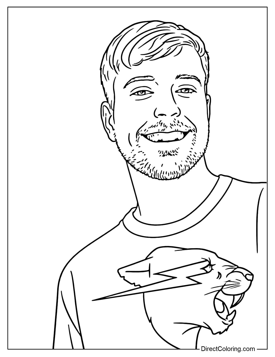 A coloring page of Mr. Beast with a friendly smile, short hair, neatly trimmed beard, and wearing a shirt with the logo printed on it.