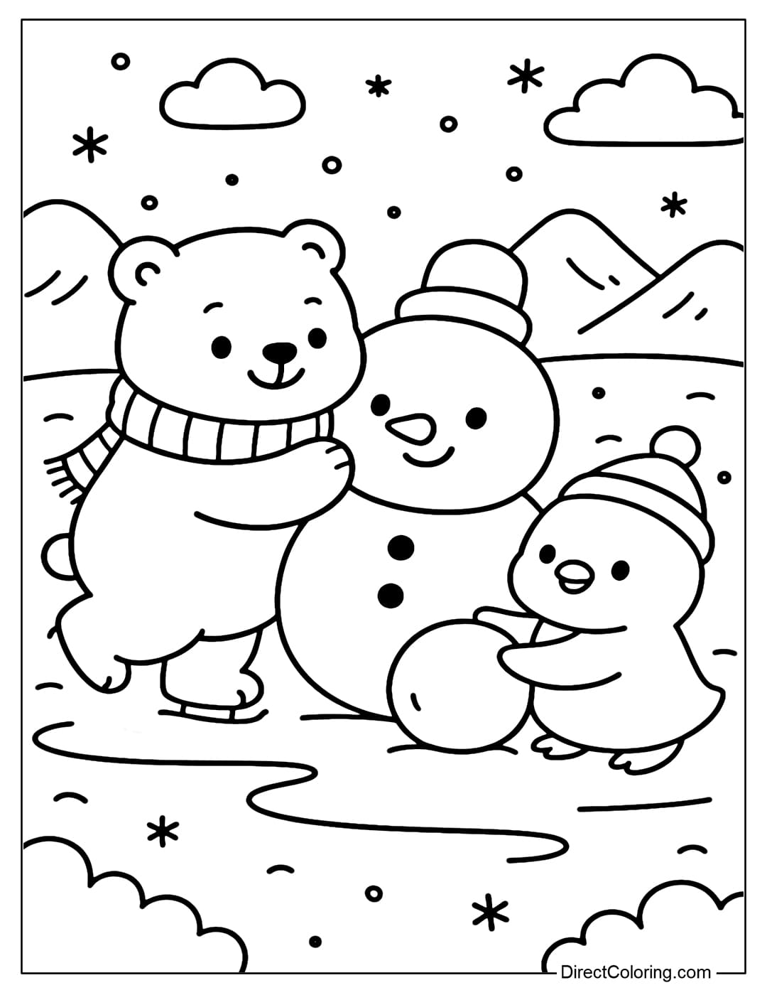 Polar bear and penguin coloring page being friends, building snowmen or skating together.