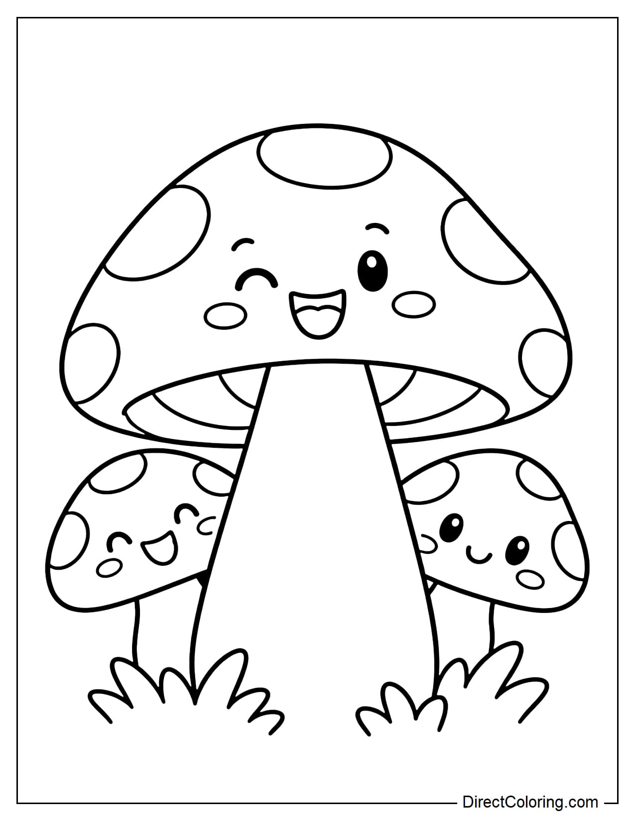 A large mushroom in the center with two smaller mushrooms peeking out from behind either side as if playing peekaboo, with all three mushrooms showing different cheerful expressions.