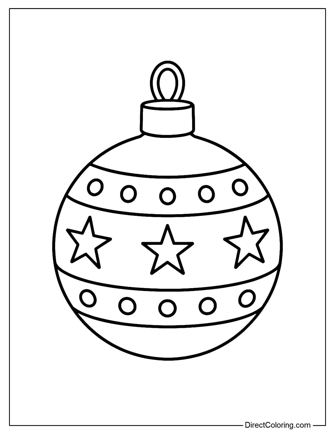 Classic Christmas bauble coloring page. The bauble has a round engraved pattern, classic star and circle motifs.