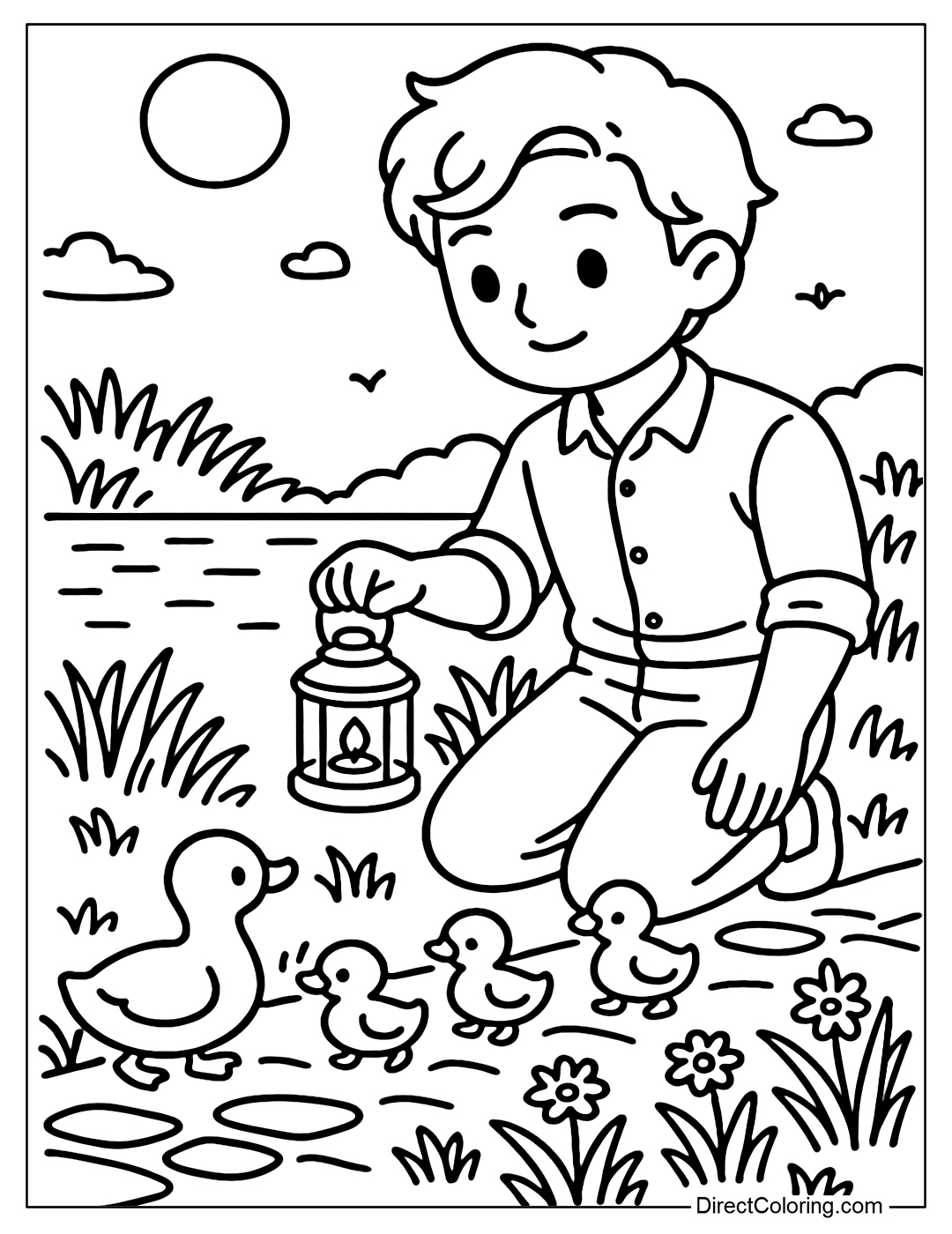 A little boy coloring page holding a lantern, leading the ducklings through a small path. The light from the lantern illuminates each step of the ducks.