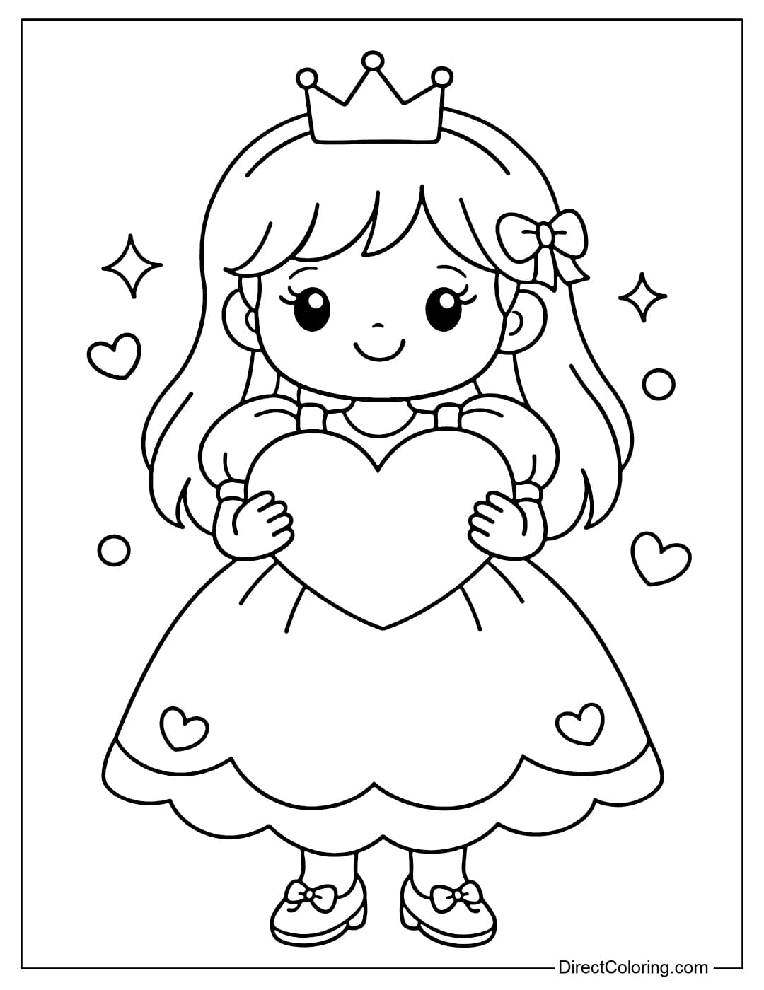 A coloring page of a princess holding a large heart, easy to color.