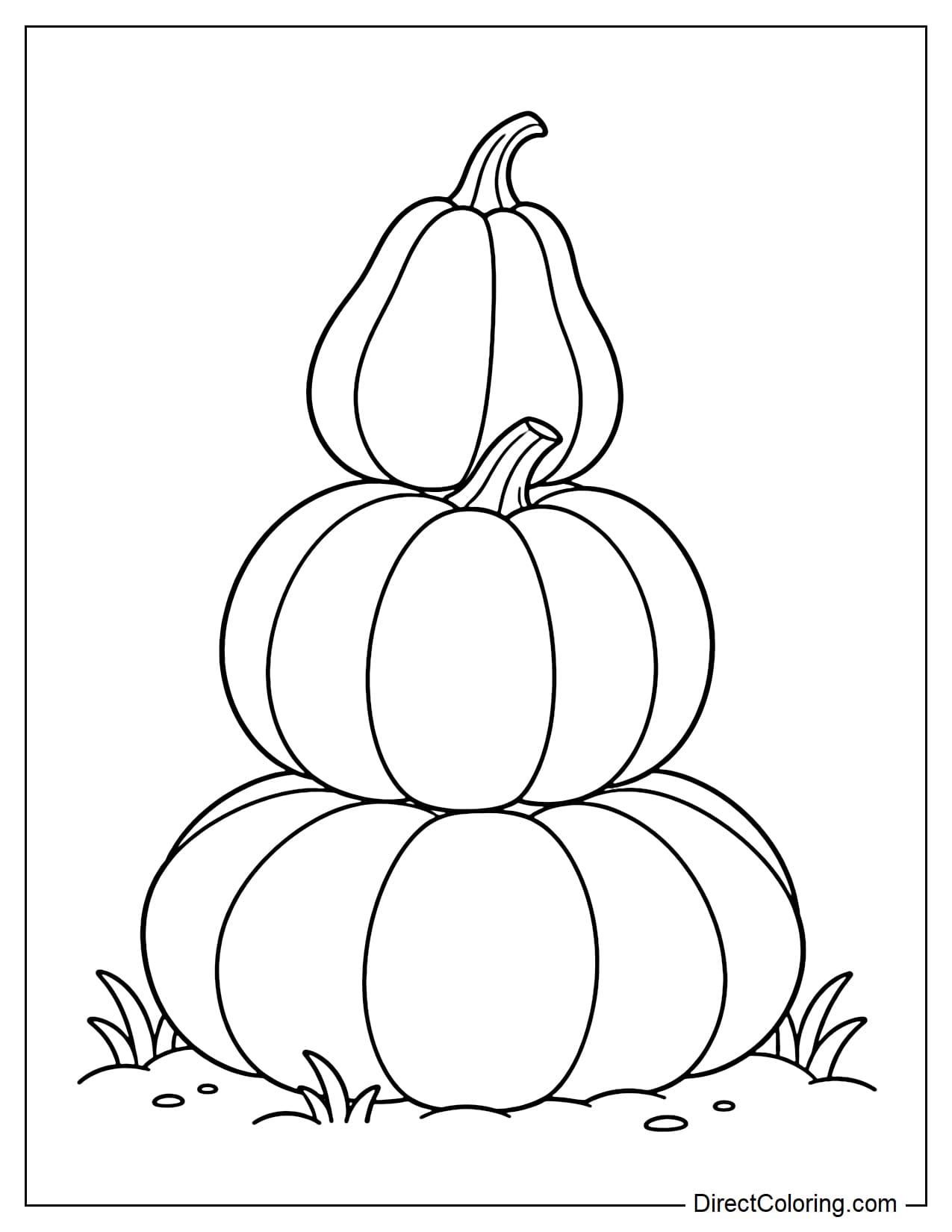 Three differently shaped pumpkins stacked on top of one another, with a large flat pumpkin at the bottom, a plump round pumpkin in the middle, and a small slightly elongated pumpkin on top.