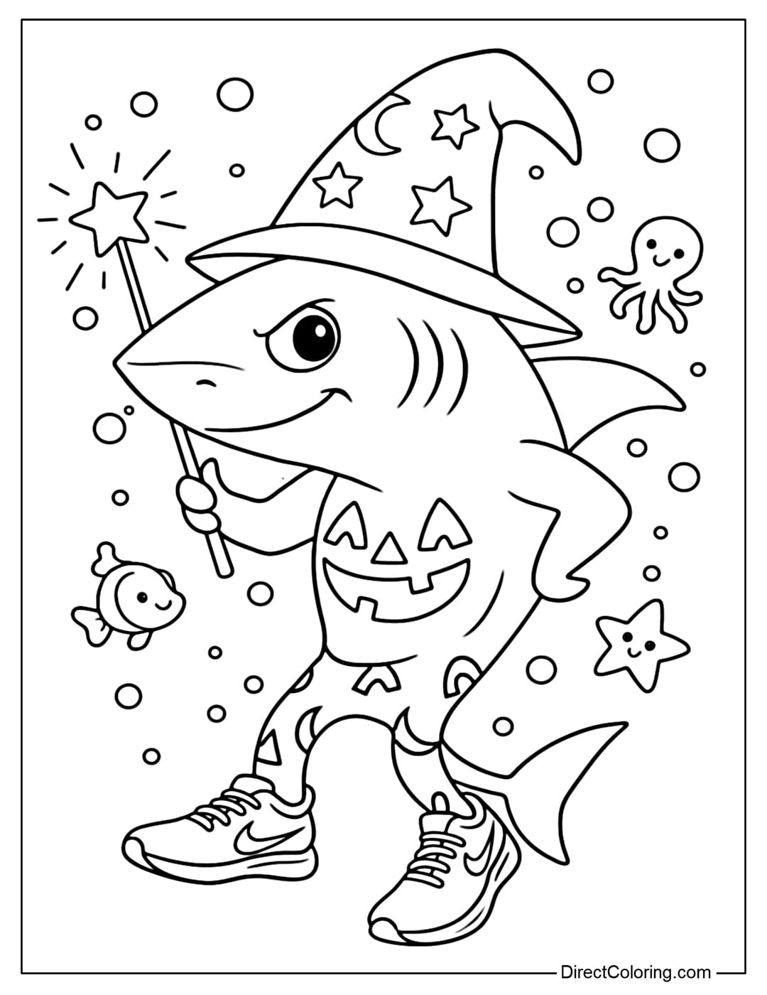 Tralalero Tralala coloring page as a sea witch, wearing a pointed hat with stars and moons, holding a glowing wand.