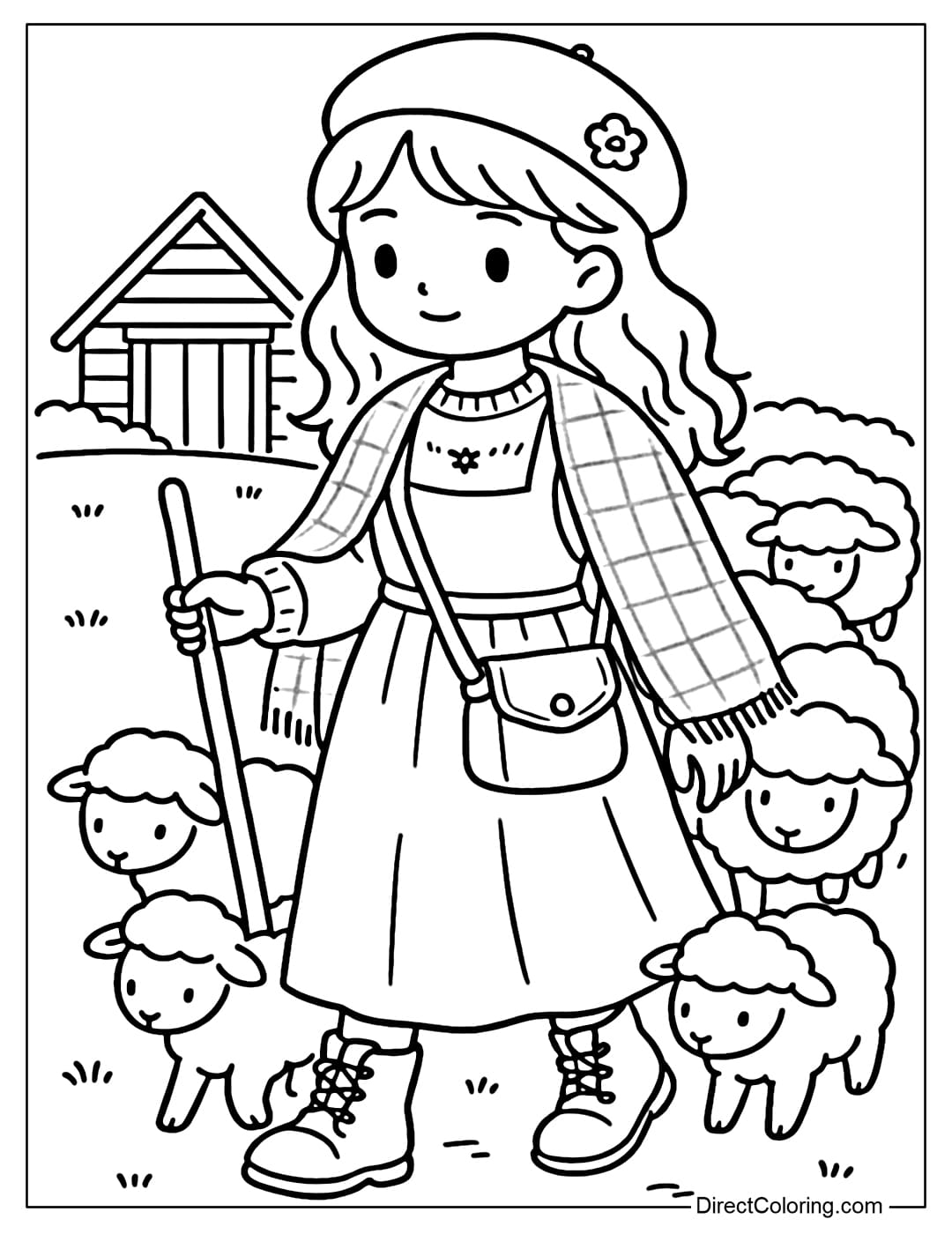 Coloring page of a farm girl leading a flock of sheep through the pasture. In the distance is a wooden barn and a gentle hill.