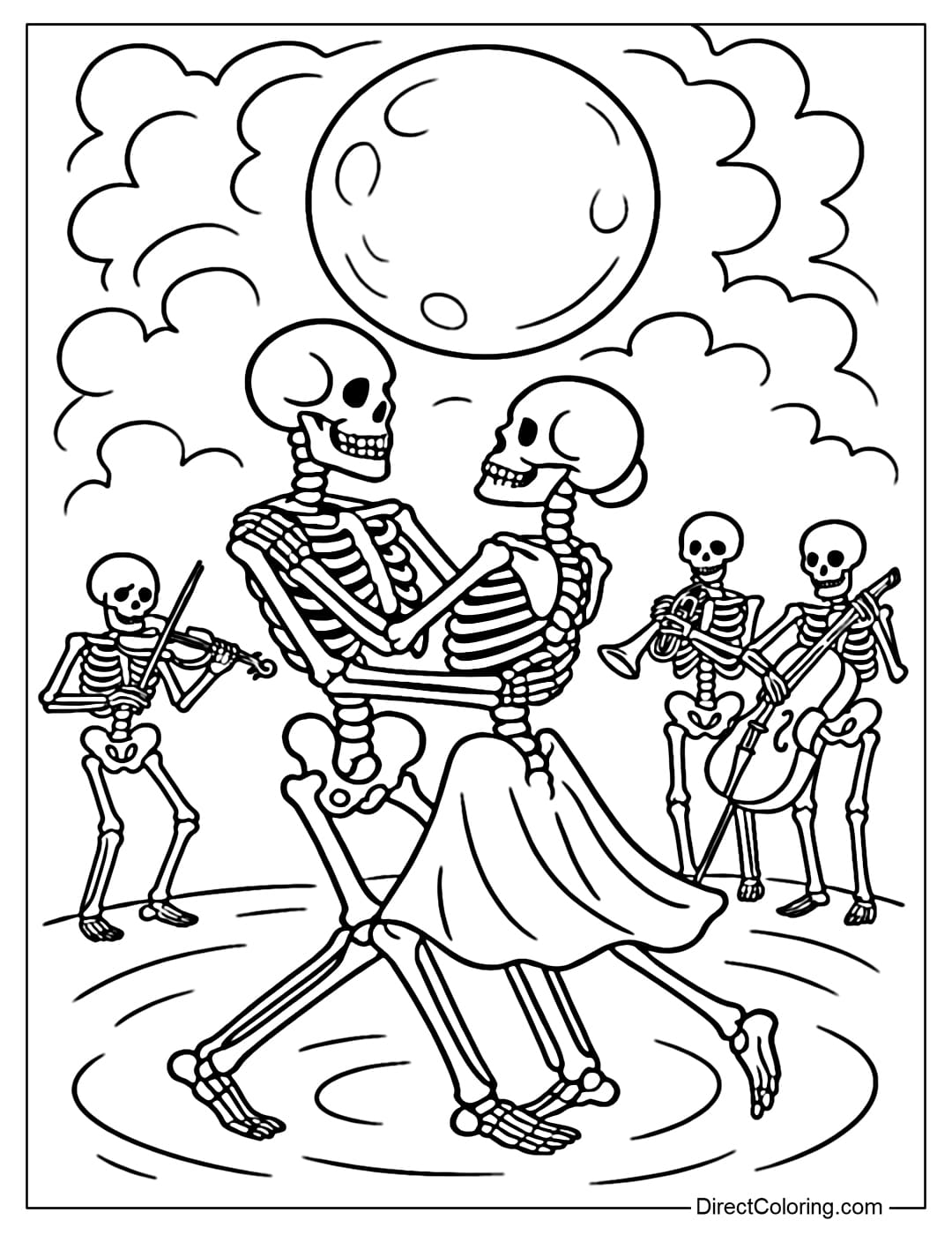 Skeleton Dance Coloring Page A coloring page of skeletons dancing a waltz, with a moon and a spooky orchestra in the background.