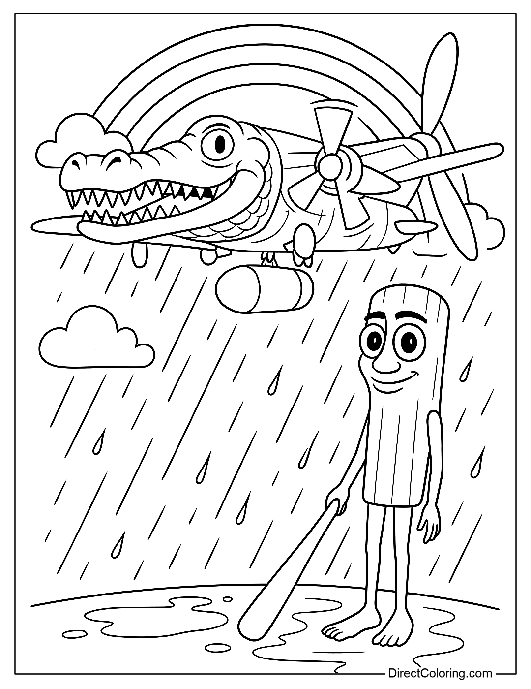 Bombardiro Crocodilo Coloring Page Flying Through Light Rain With A Faint Rainbow And Sahur Tapping His Stick On The Road