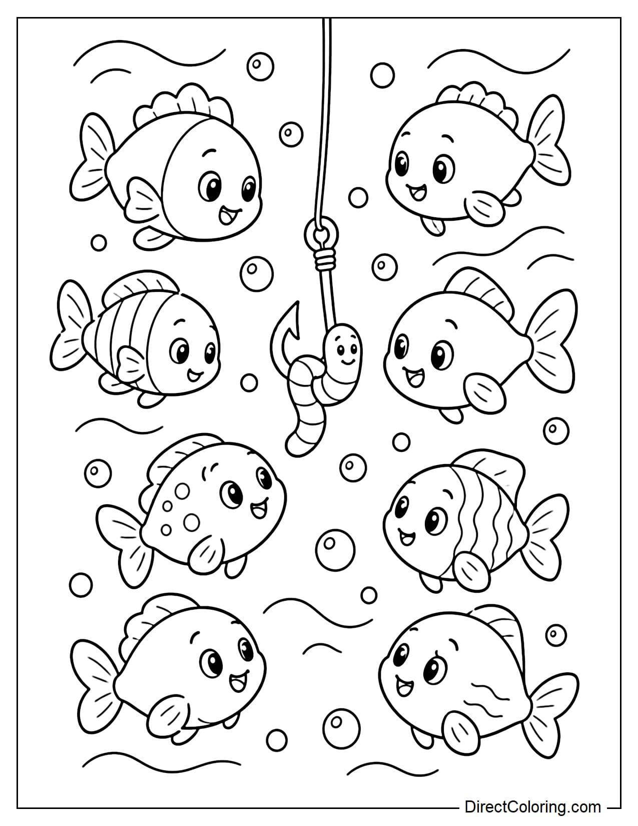 An underwater view of several small fish swimming around the bait, with simple bubbles.