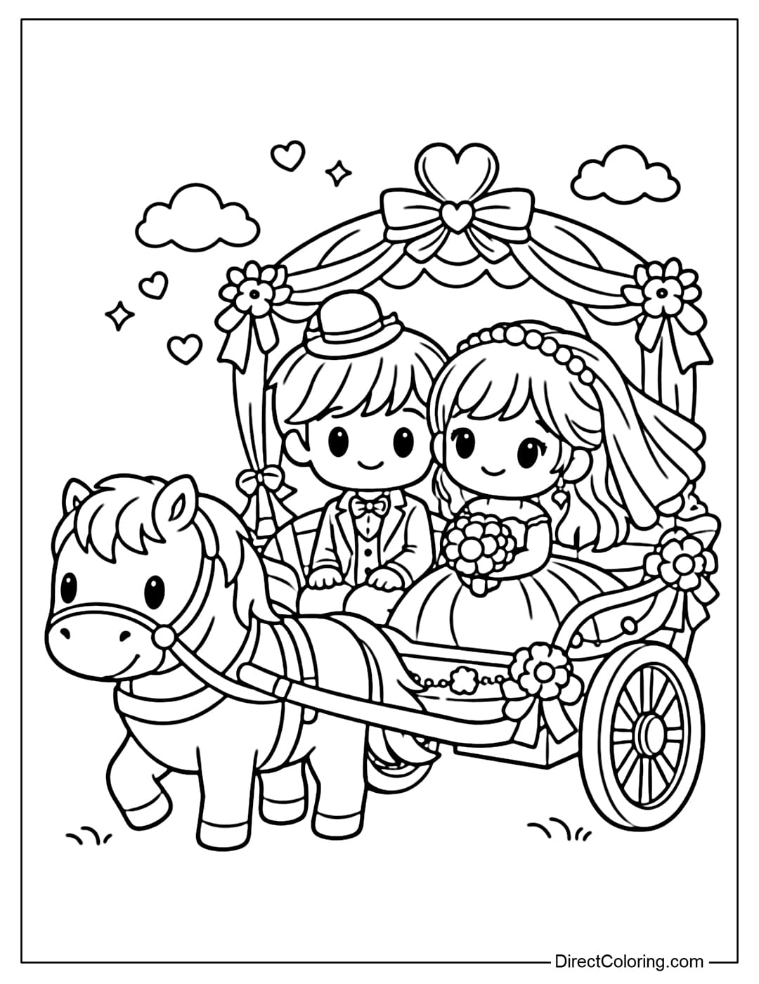 A coloring page featuring a cute bride and groom sitting together in a fairytale wedding horse-drawn carriage.