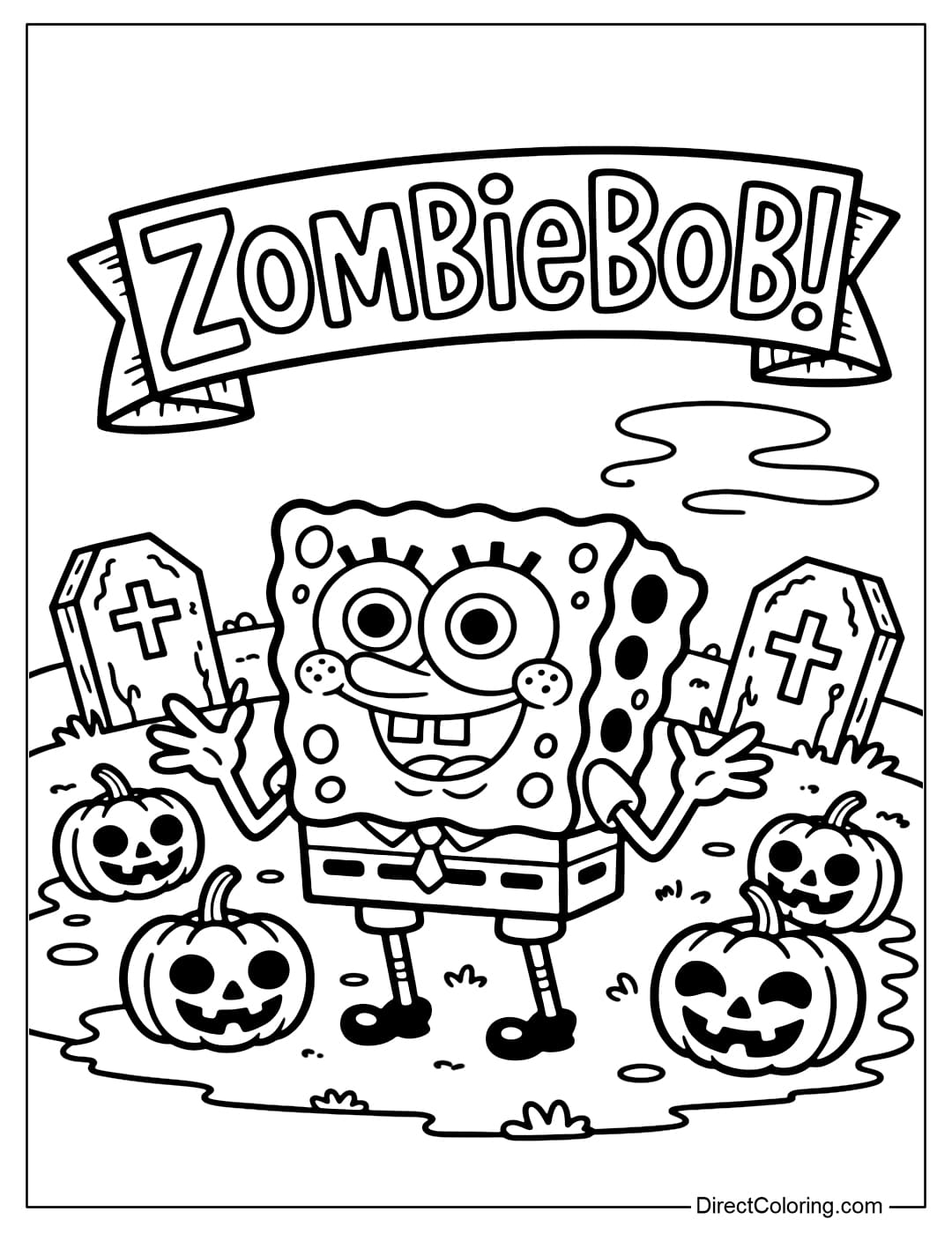 Coloring page SpongeBob turns into a cute zombie, with round, bewildered eyes, surrounded by a few tombstones and pumpkins.