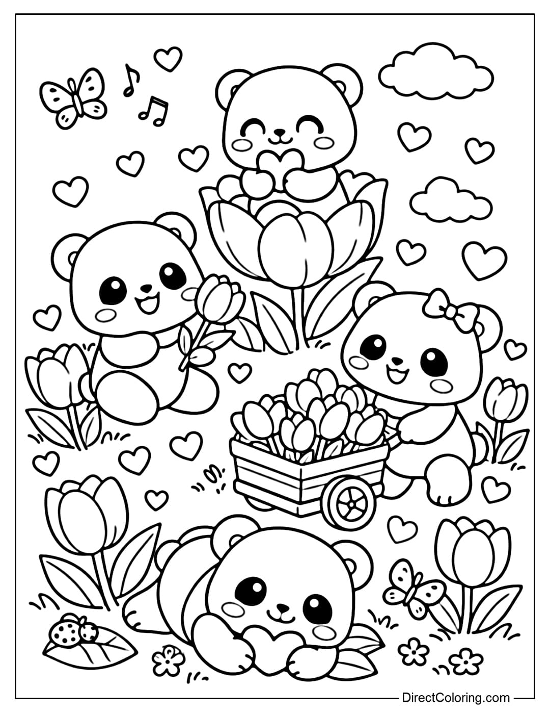 A coloring page of adorable pandas playing in a tulip garden, surrounded by little hearts.