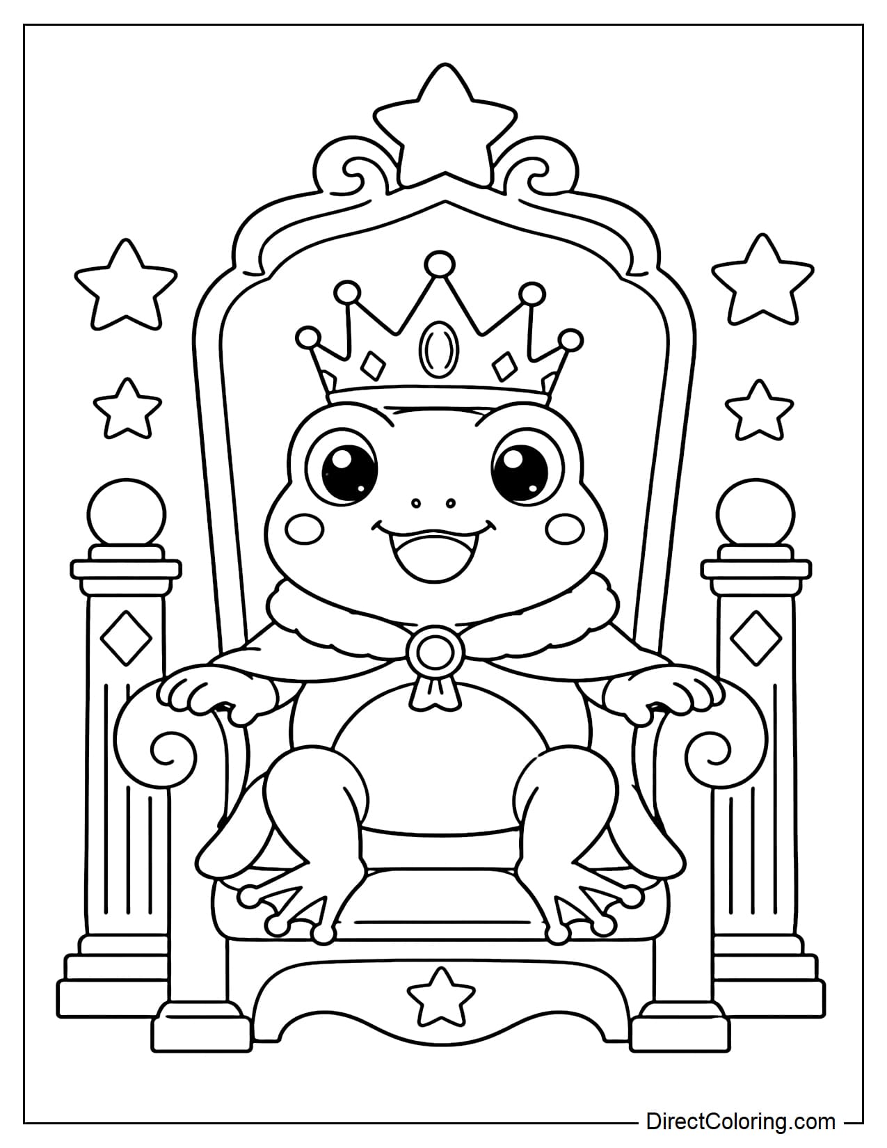 A frog king, wearing a crown, is sitting majestically on a throne.