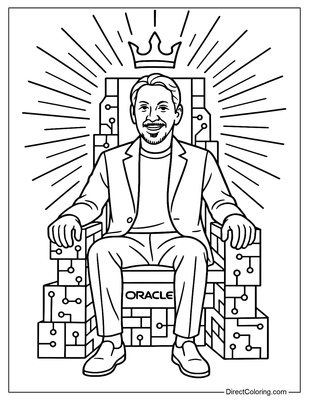 Larry Ellison on the Throne of Wealth Coloring Page Larry Ellison Coloring Page sitting on a throne stylized with data blocks and Oracle symbols.