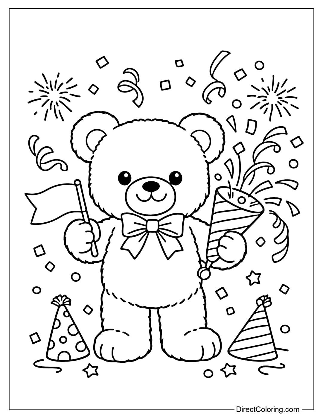 Coloring page of a teddy bear holding a small flag and confetti to celebrate the holiday.