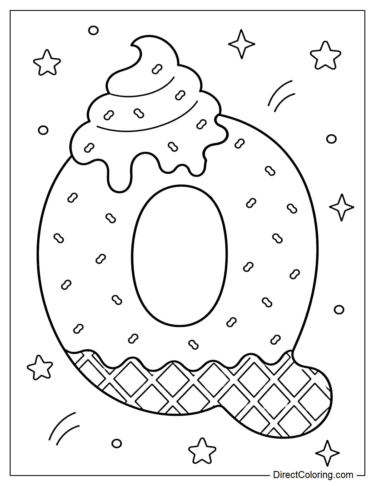A large uppercase letter Q made from soft serve ice cream, with a light, melting cream topping. The entire letter is sprinkled with tiny sprinkles, and the base has a waffle texture. It is surrounded by small stars and dots.