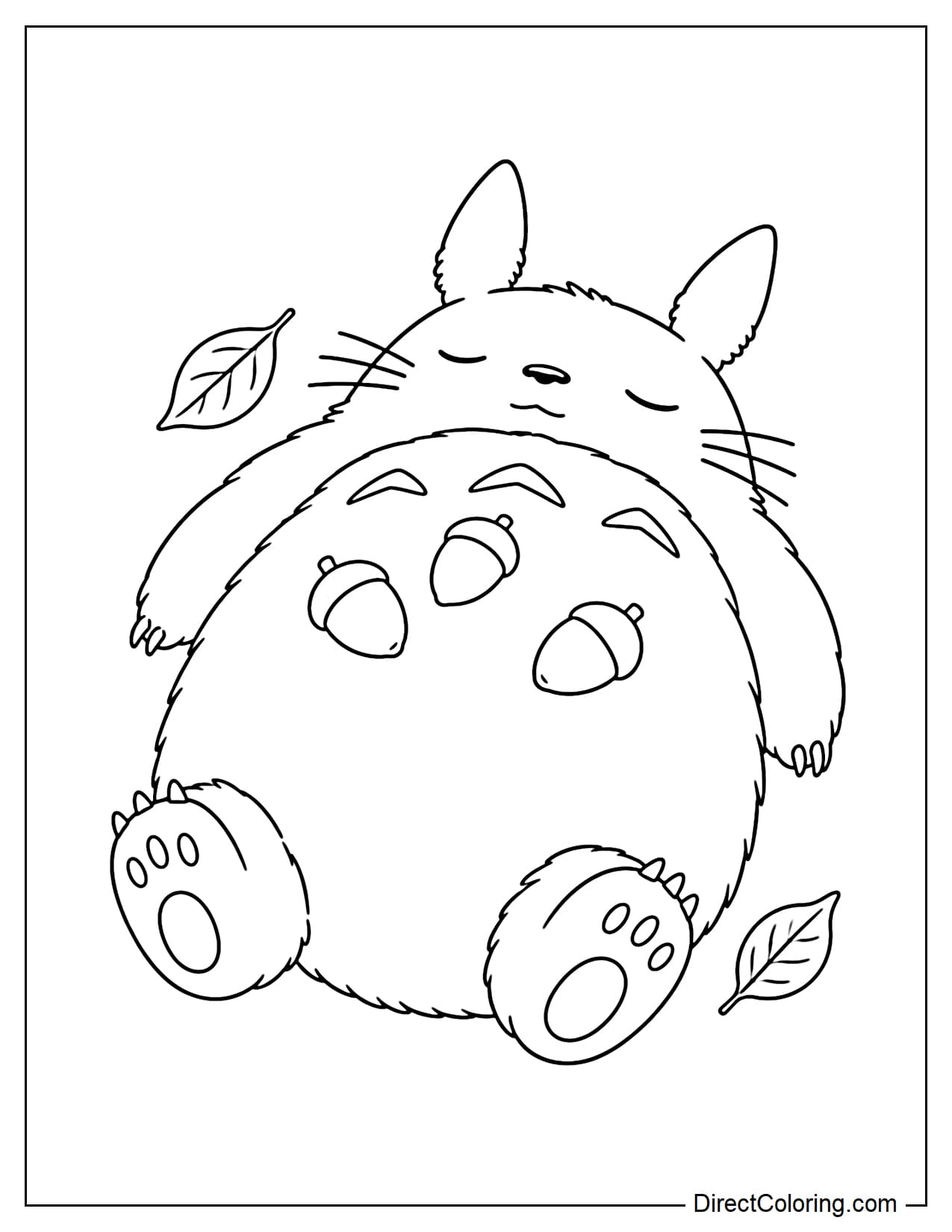 Totoro sleeps peacefully on his back with his arms relaxed at his sides and three large acorns resting on his round belly.