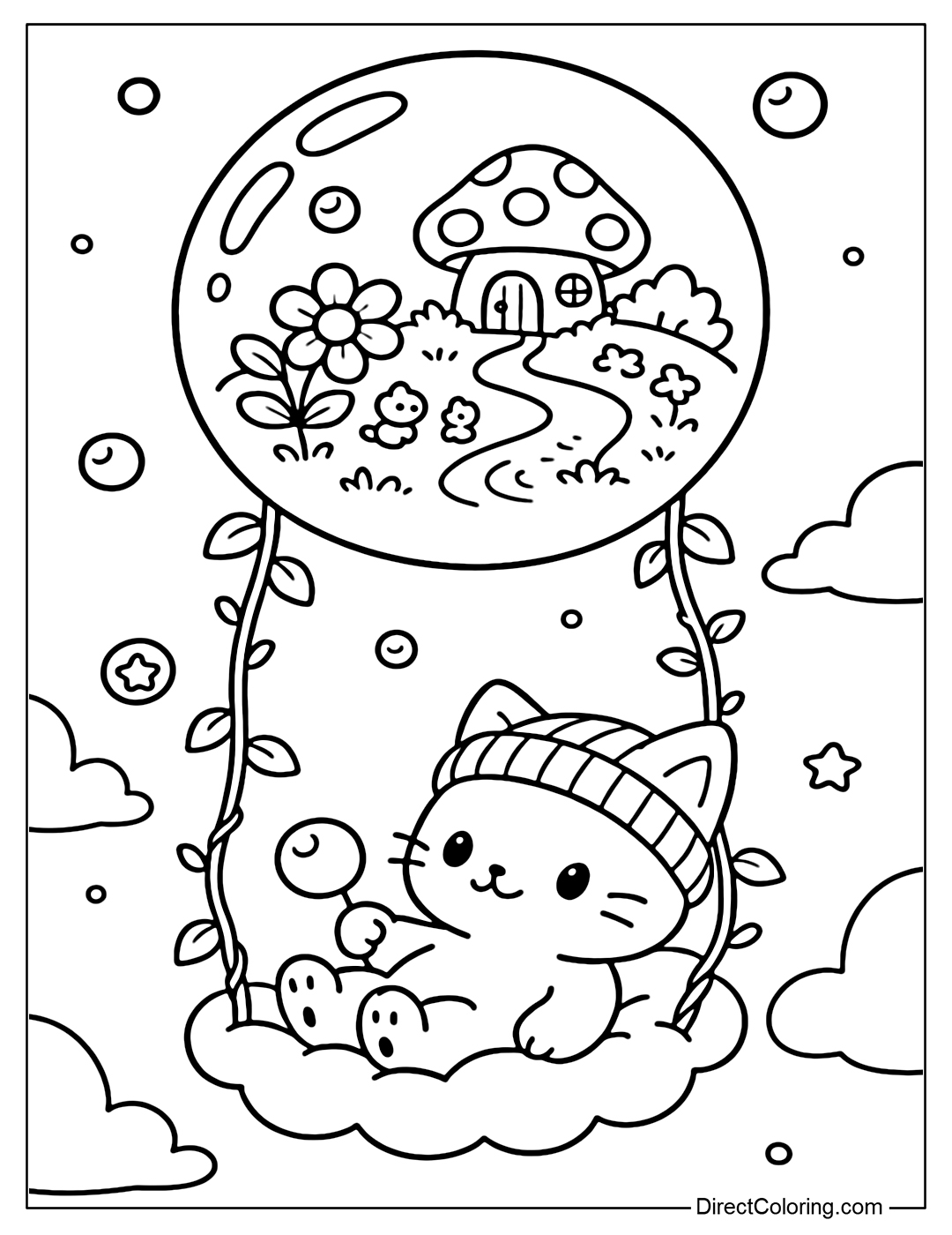 Coloring page of a swing hanging from a bubble containing a tiny world, a cat hugging a small bubble on a cloud.