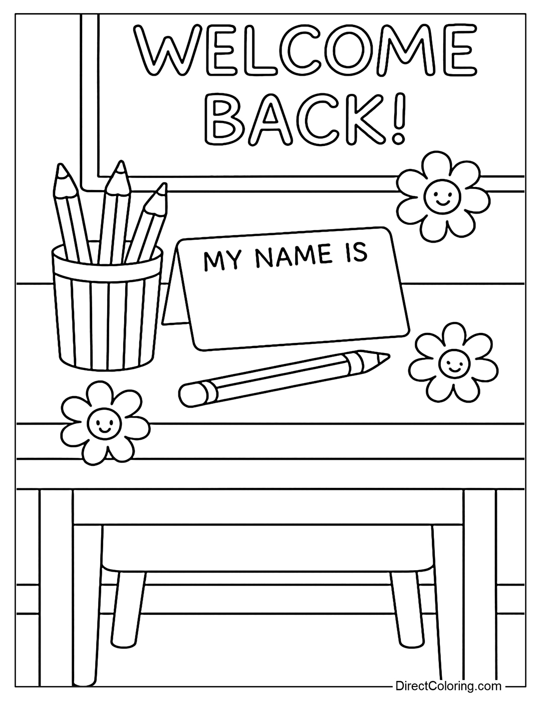 Coloring page of a desk with handwritten name tags, pencils and decorative paper flowers.