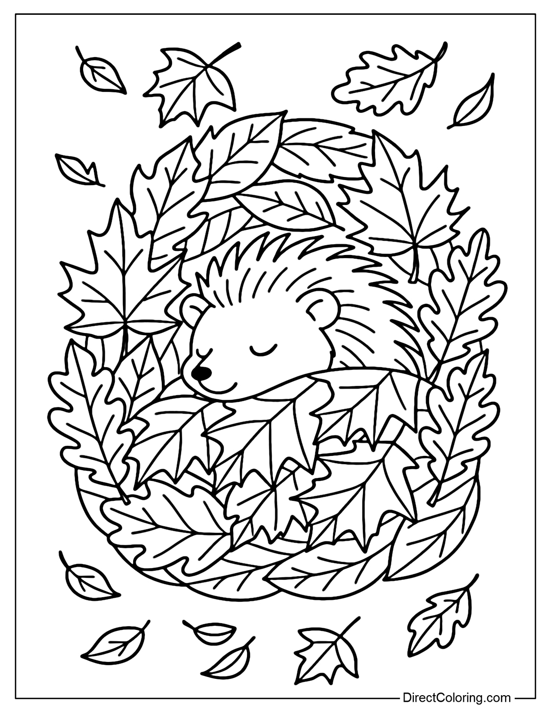 A cute baby hedgehog coloring page lies in a small nest, covered with a blanket of maple and oak leaves, surrounded by falling autumn leaves.