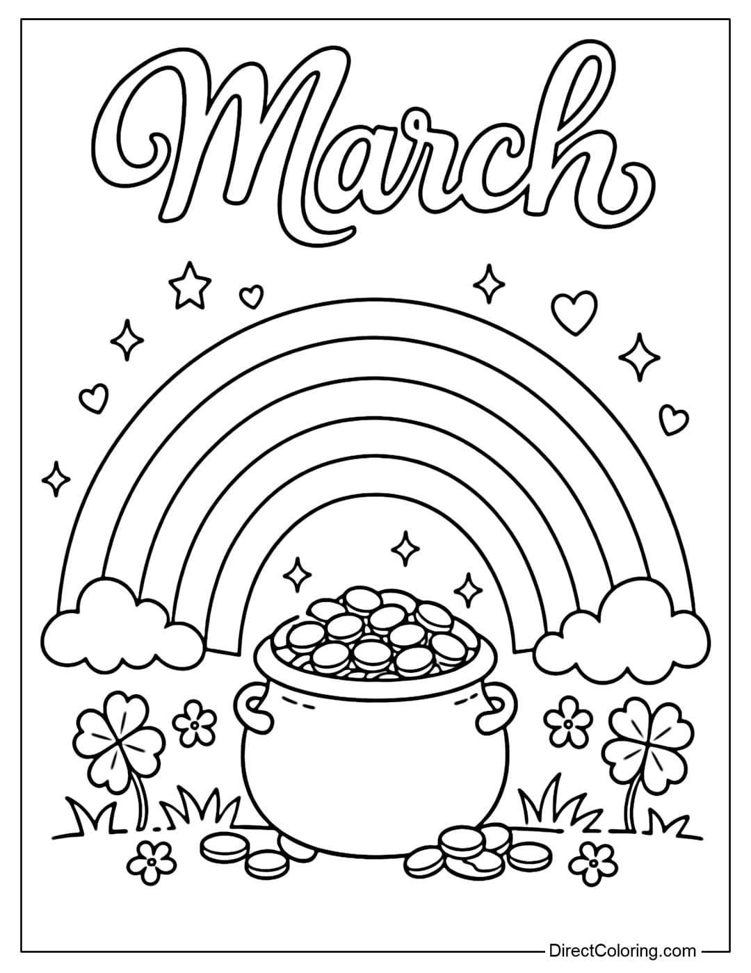 A coloring page featuring a pot of gold placed under a large, curved rainbow, with the word 
