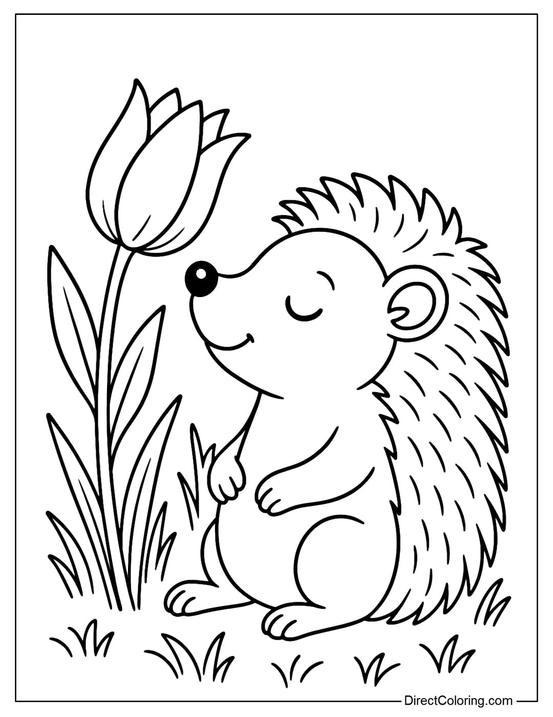Spring Hedgehog Coloring Page A hedgehog coloring page smelling a spring tulip.