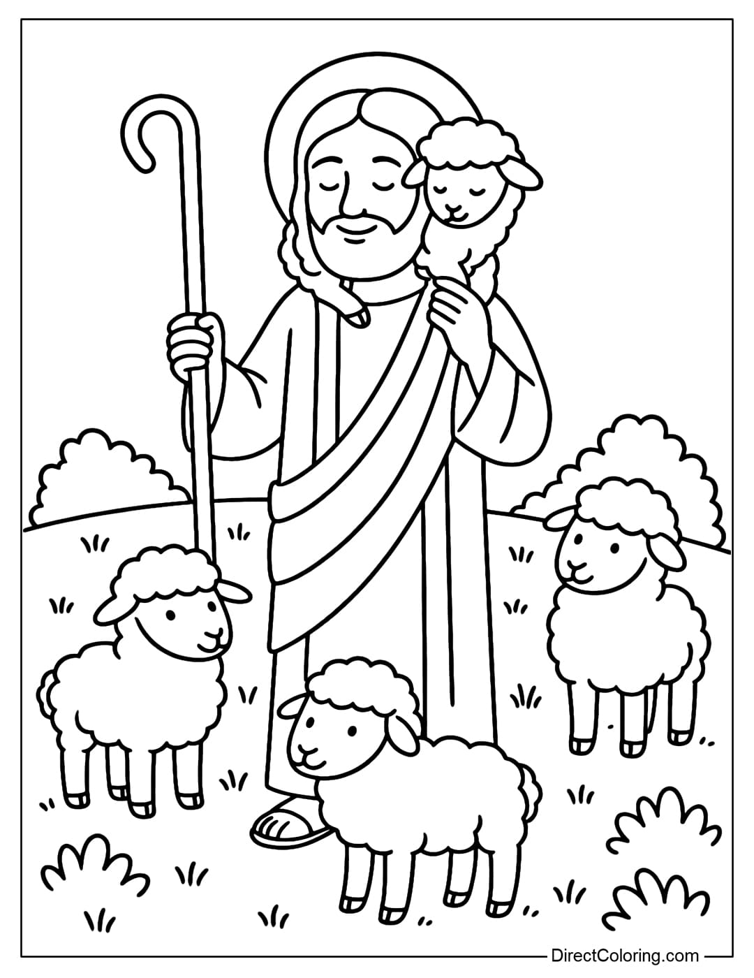 Jesus Coloring Page in the image of the Good Shepherd, wearing a light cloak, holding a lamb on his shoulder, surrounded by 3-4 lovely lambs.