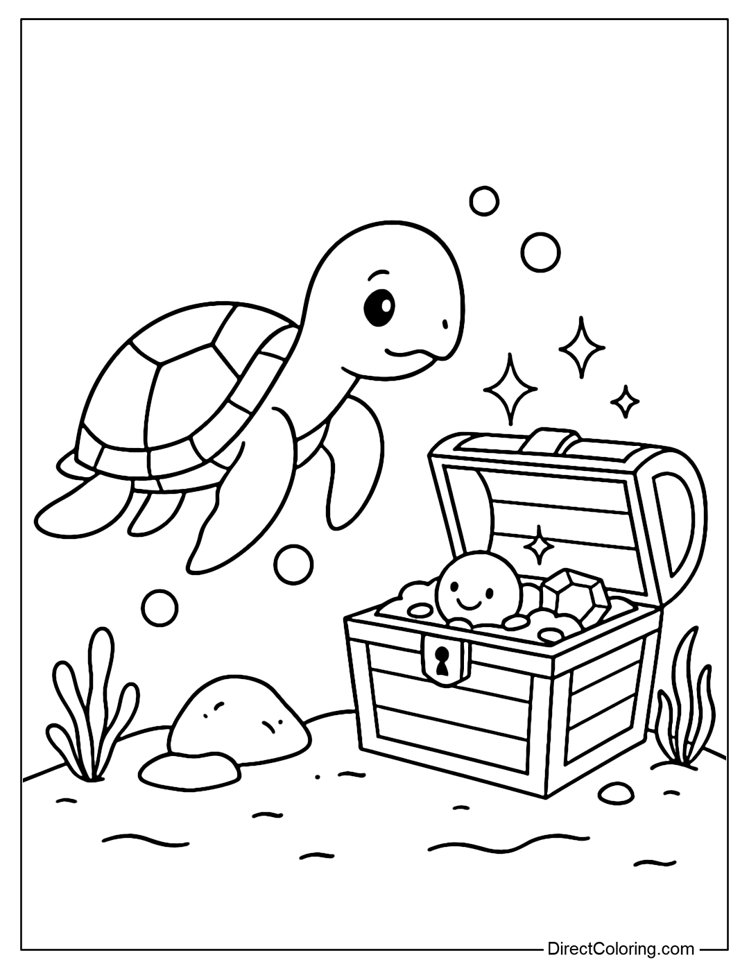 Coloring page of a sea turtle swimming next to a half-open treasure chest, sparkling with stars and gems.