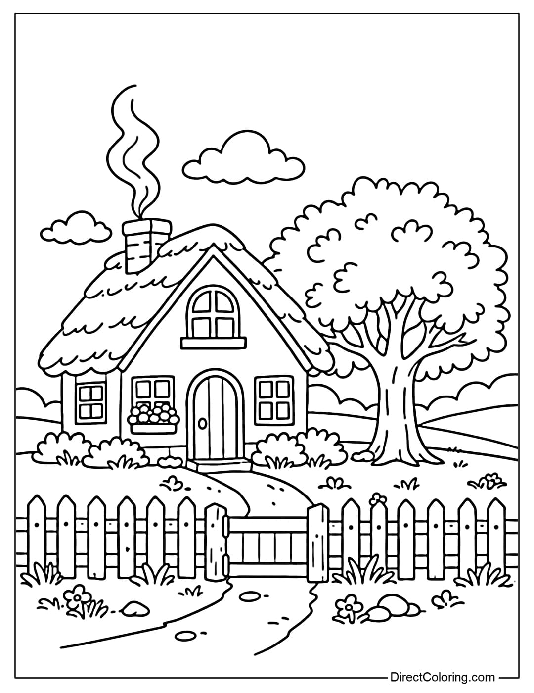 A coloring page of a small village house with a simple wooden fence and a tree beside it, creating a cozy feeling.