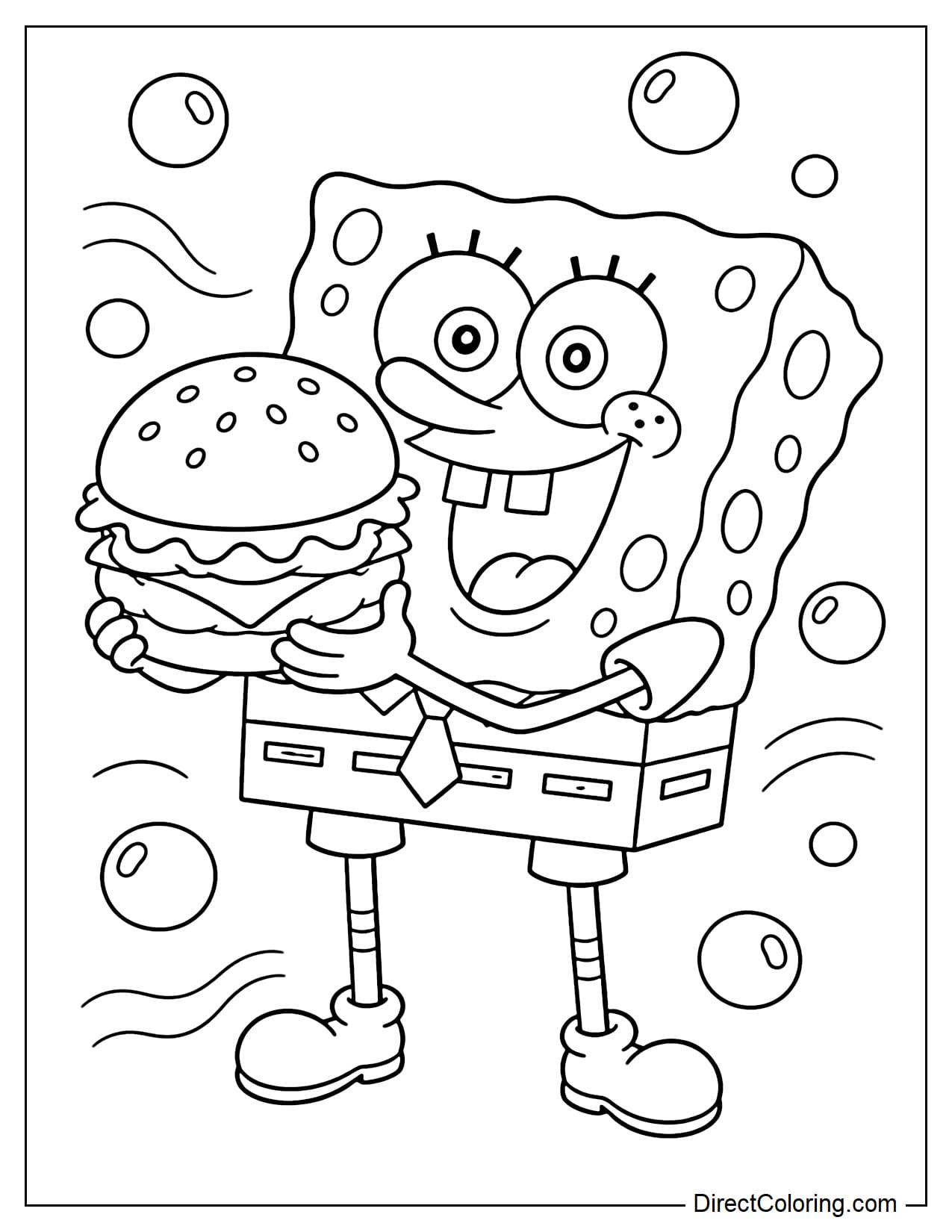 SpongeBob is holding a large Krabby Patty with an excited smile, surrounded by bubbles and curves.