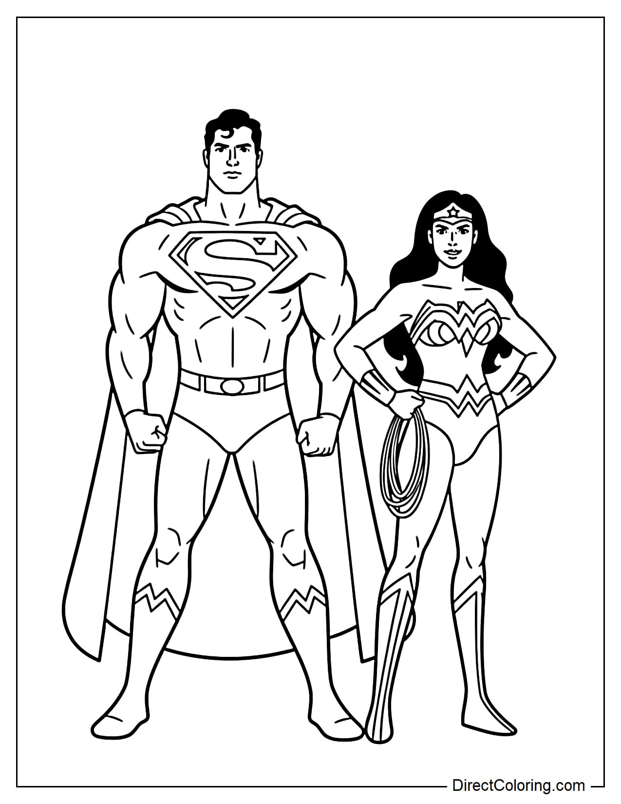 Superman and Wonder Woman stand side-by-side in a powerful pose; large, easy-to-color images.