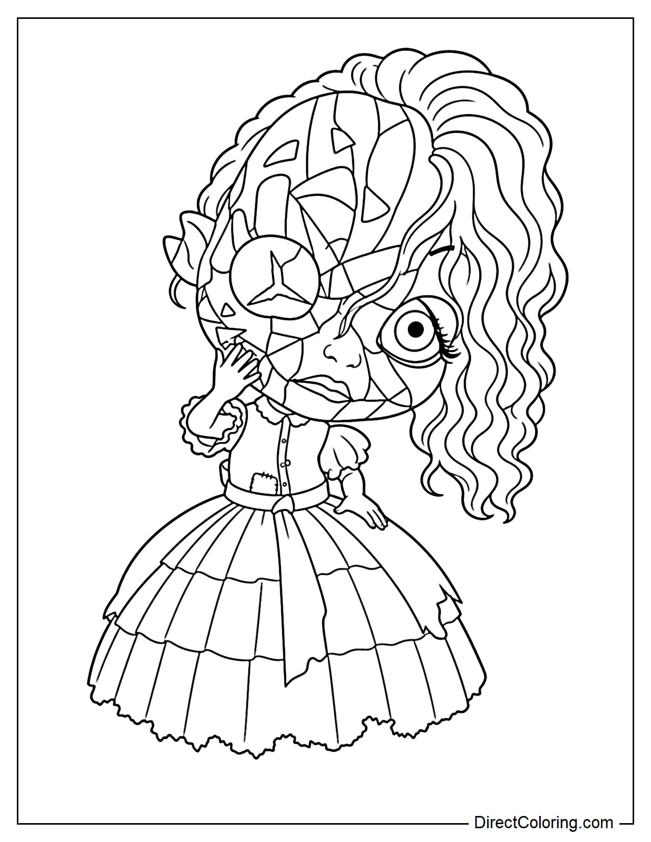 The Poppy doll from Poppy Playtime Chapter 5 with a severely damaged appearance, half of her face and head cracked into many pieces, while the other half still has her signature curly hair.
