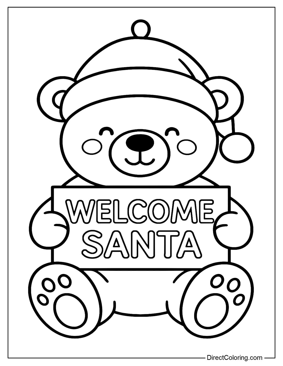 Coloring page for hanging sign with little teddy bear wearing Santa hat holding a sign saying WELCOME SANTA.