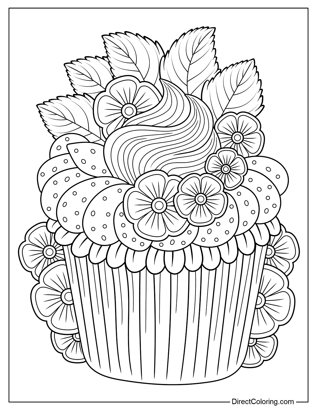 Coloring Page Floral Cupcake with Strawberry