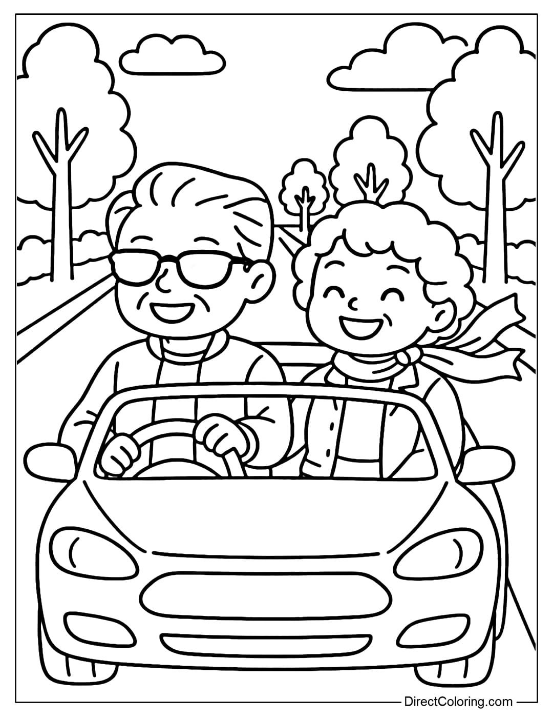 Coloring page of grandparents sitting in a convertible car, the wind blowing the grandmother's scarf, both smiling brightly, with the road and trees in the background.