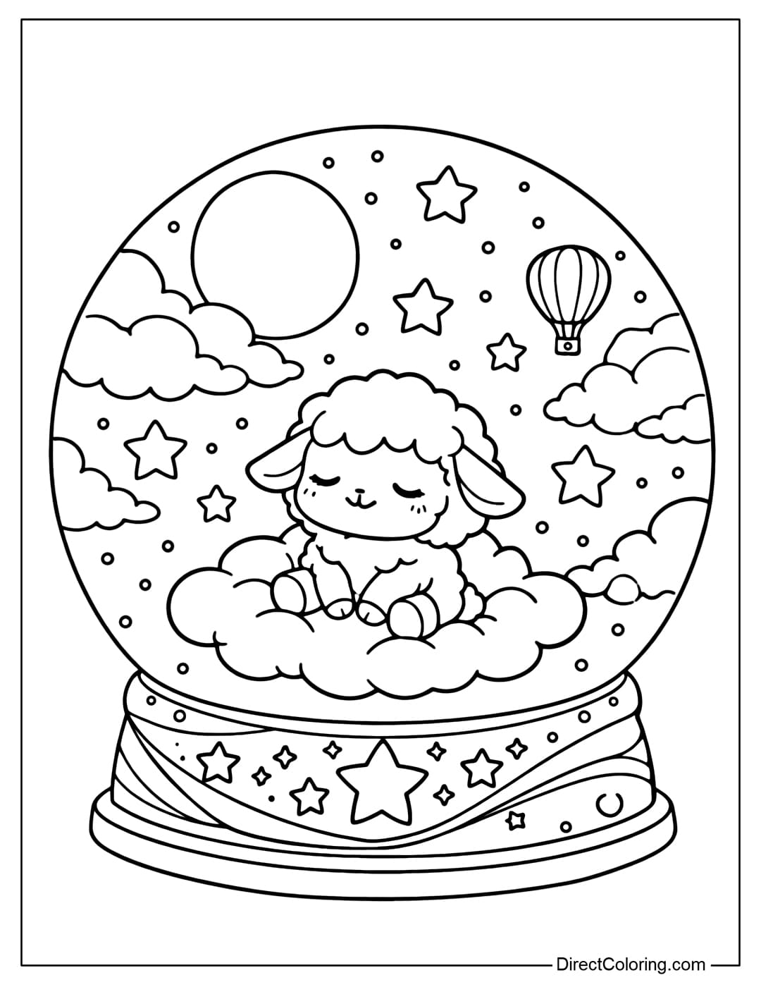 A coloring page of a snow globe with a dreamy sky landscape and a chibi lamb sitting on a cloud.
